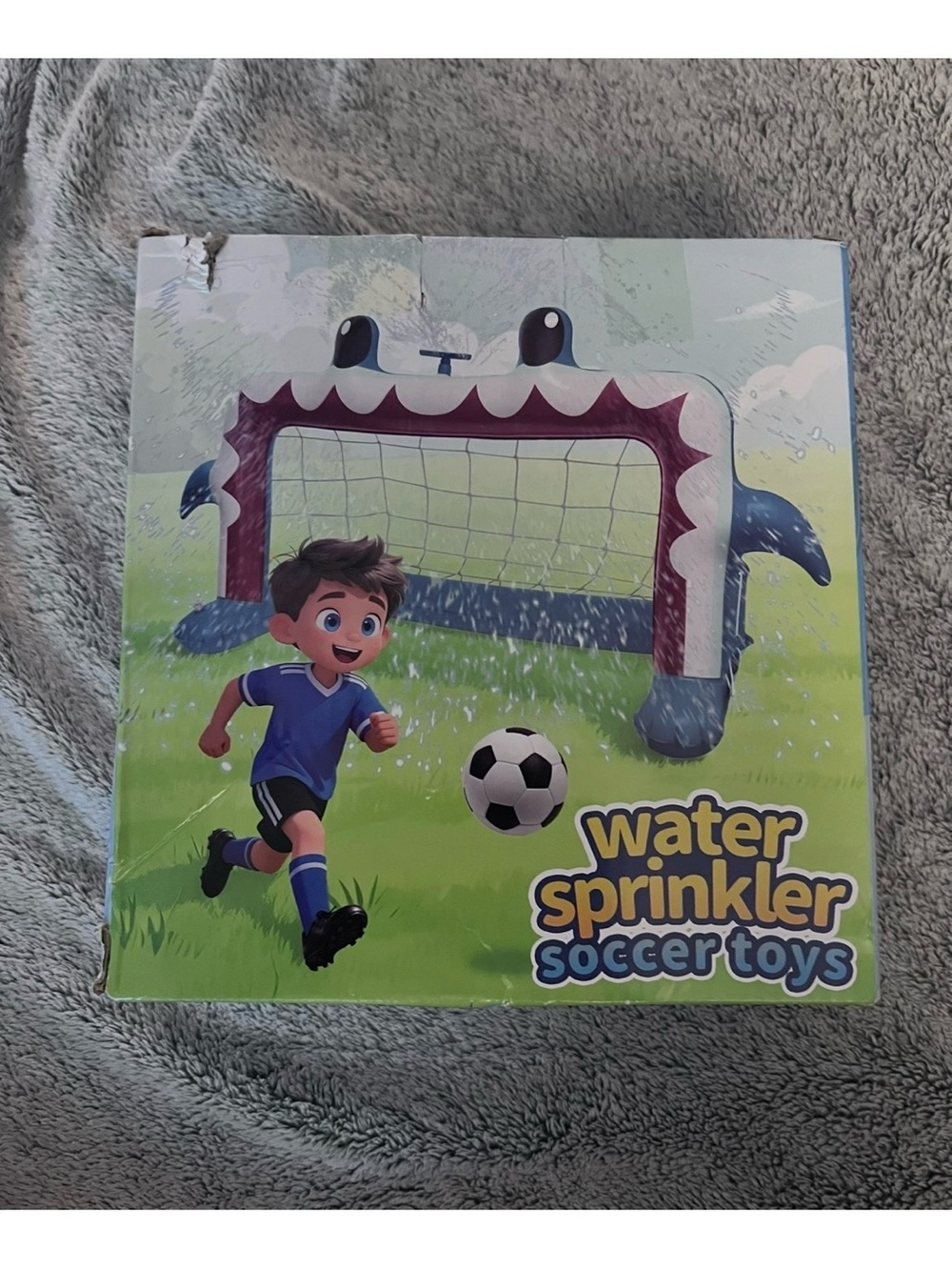 Water Sprinkler Soccer Toy - Blue Inflatable Goal, New w/damage to outer box
